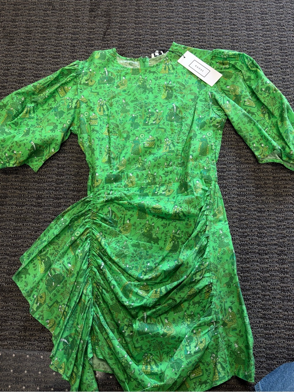 RHODE Green Printed Puff Sleeve Ruched Midi Dress